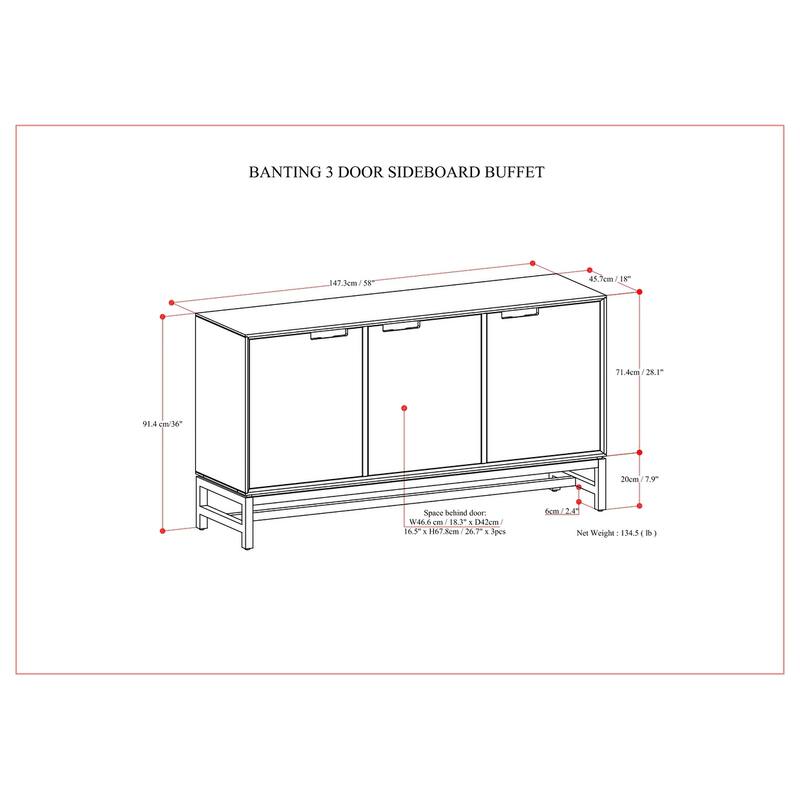 Simpli Home Banting SOLID HARDWOOD & Metal 58x18" Rectangle Modern 3 Door Sideboard Buffet - 18" D x 58" W x 36" H