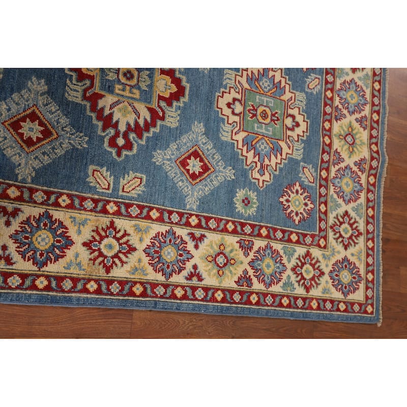 Geometric Kazak Area Rug Hand-Knotted Oriental Blue Wool Carpet - 3'7" x 5'9"
