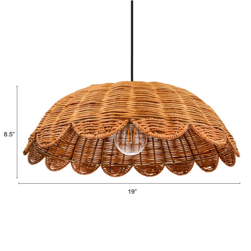 Hand-Woven Rattan Scalloped Pendant Lamp, Natural - 19.7"L x 19.7"W x 17.5"H