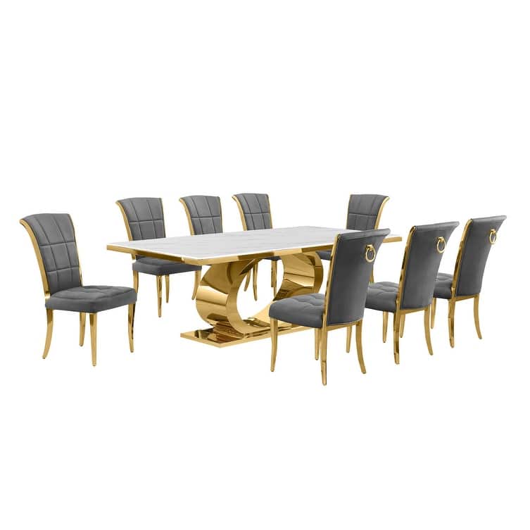 Best Quality Furniture D432/3-SC320-7 Dining Set with 87" White Marble Top