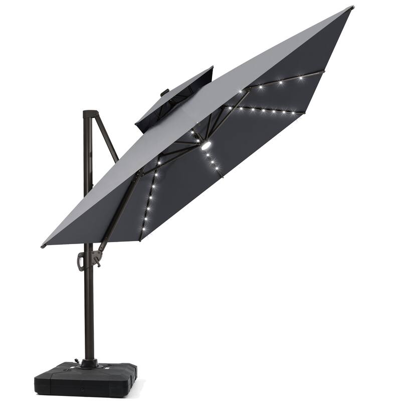 13 x 10ft Outdoor Aluminum Dual Top Patio Cantilever Umbrella LED Light with Weights Base - Dark Grey
