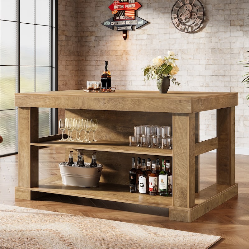 55-Inch Stationary Kitchen Island with Storage Shelves and Large Worktop, Farmhouse Style, Light Brown