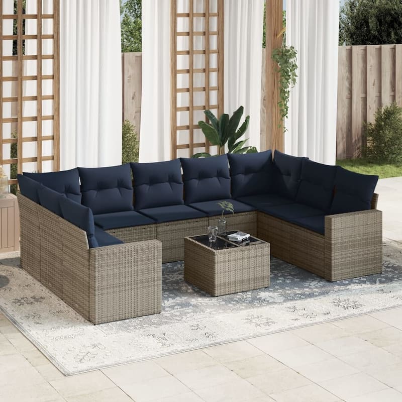 vidaXL Patio Sofa Set with Cushions Outdoor Conversation Furniture Poly Rattan - 25.8" x 24.4" x 27.2" - Beige and gray with table