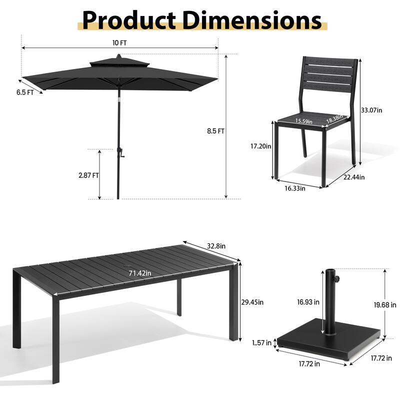 9/11-Piece Outdoor Dining Set w/10 ft Umbrella and Base Aluminum Dining Table and Stackable Chairs