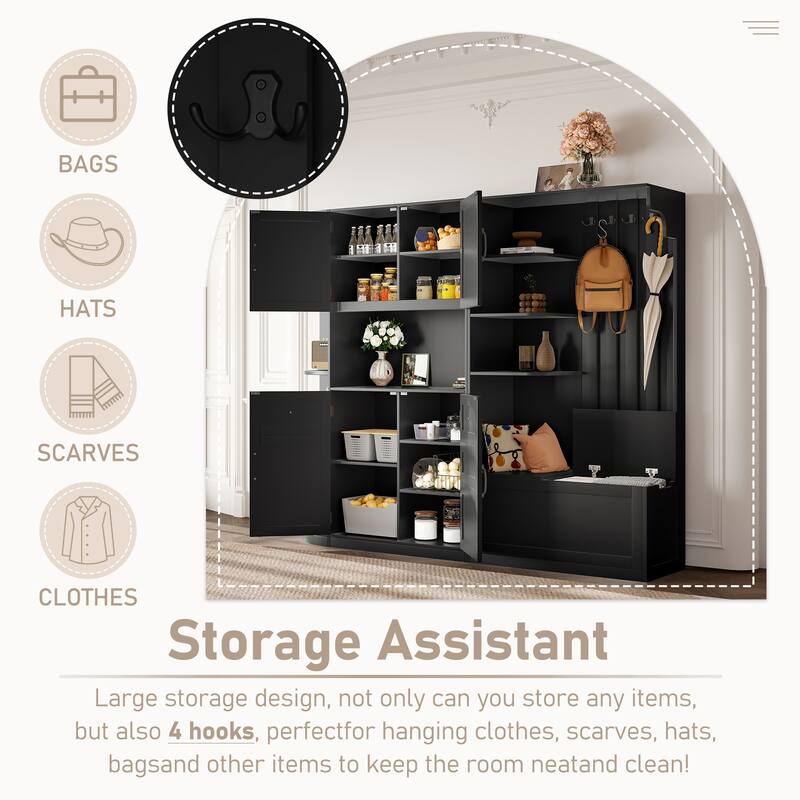 Multifunctional Left-Right Combination Hall Cabinet With Storage And 4 Hooks, Storage Cabinet/ Hall Tree 2 In 1