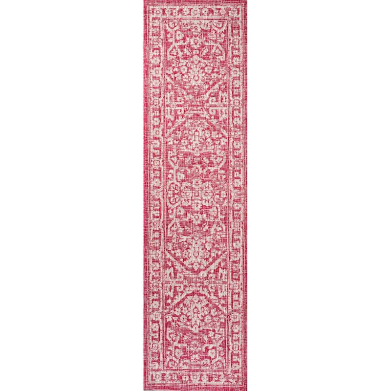 JONATHAN Y Medallion Textured Weave Indoor/Outdoor Area Rug - 2 X 10 - Fuchsia/Light Gray