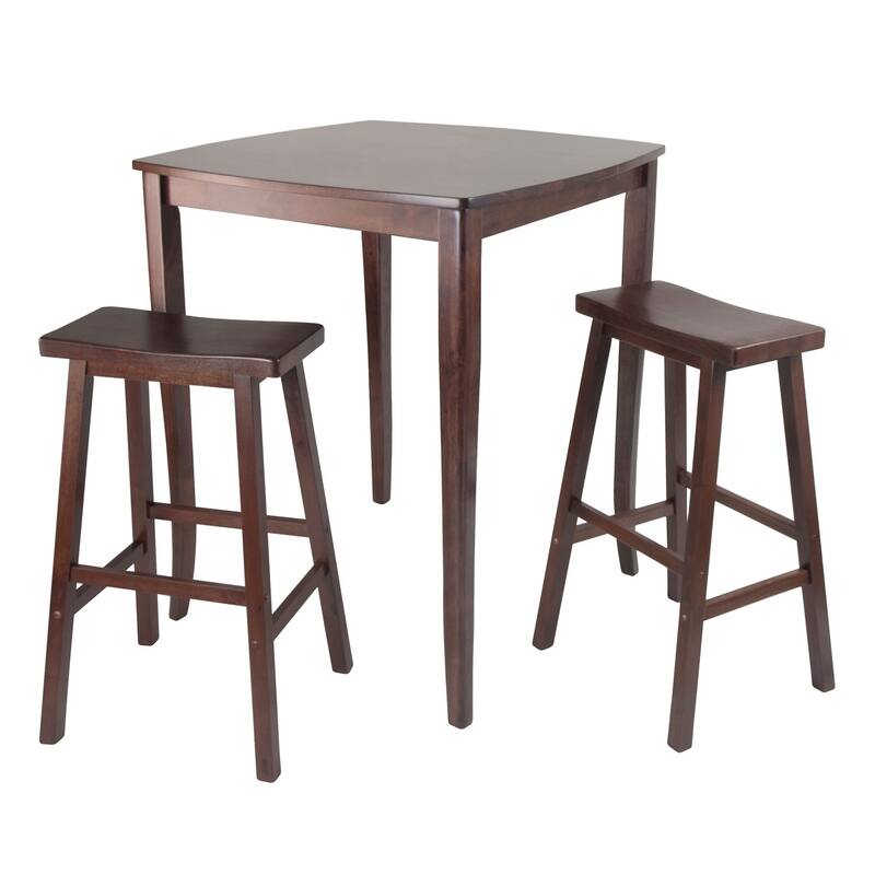 3 Antique Walnut Wood High Dining Table with Saddle Seat Stools 38.75"