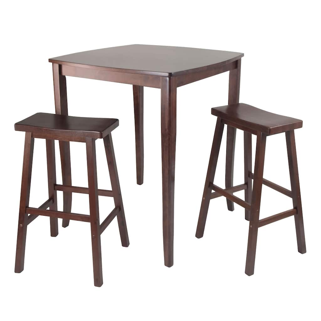 3 Antique Walnut Wood High Dining Table with Saddle Seat Stools 38.75"