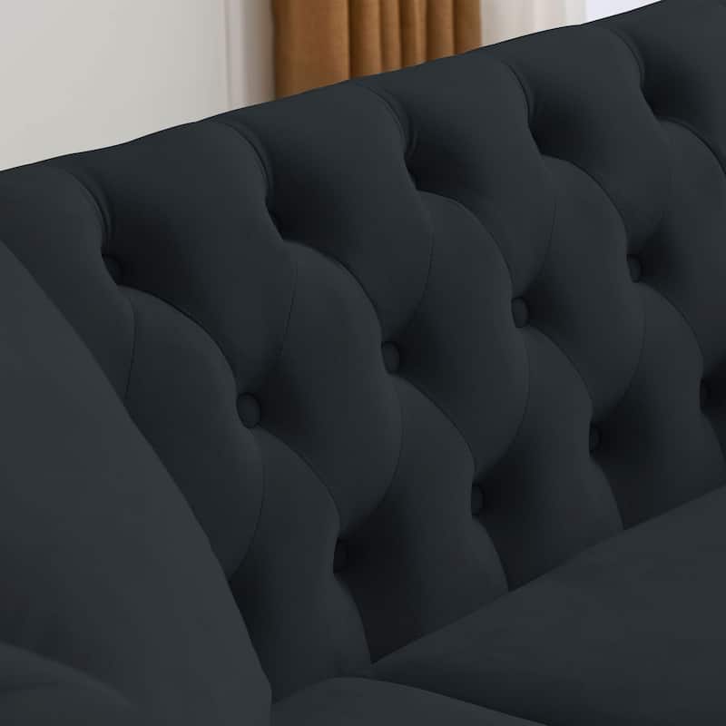 Anmytek 80 Inch Chesterfield Sofa Black Velvet Tufted 3 Seater Couch with Rolled Arms and Nailhead Trim and Two Pillows