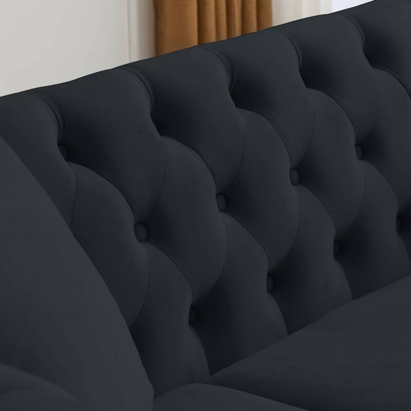 Chesterfield Black Velvet Sofa - 3-Seater Tufted Couch with Rolled Arms and Nailhead Trim, Includes Two Pillows for Living Room