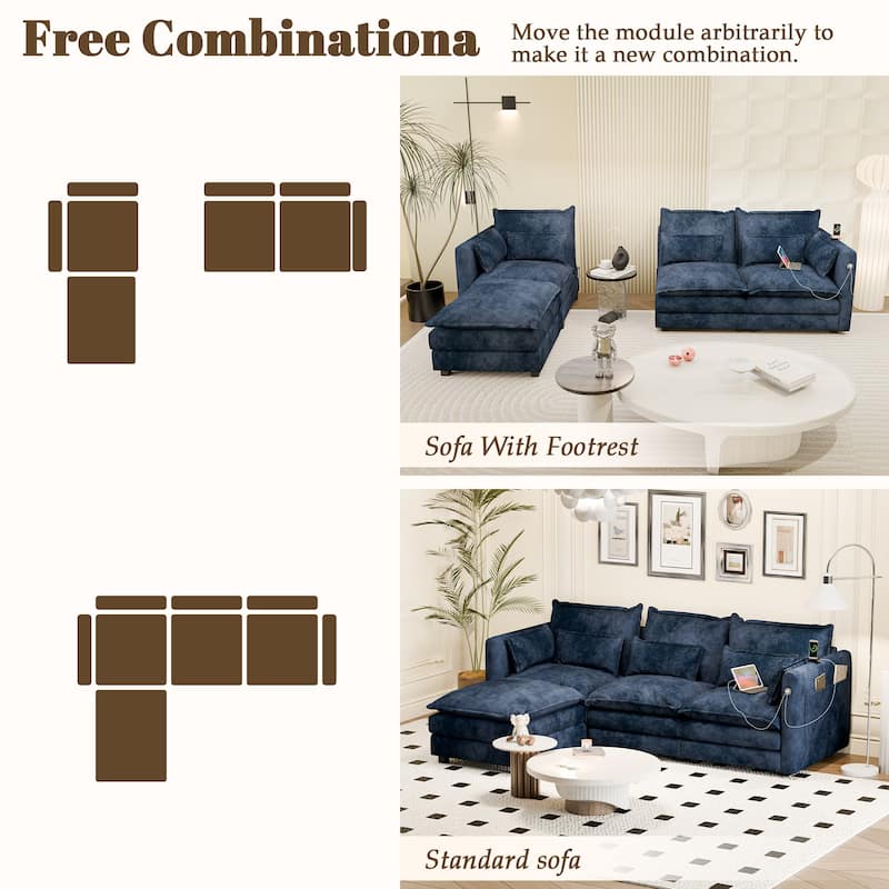 Modular Sectional Sofa L Shaped Couch, 3/4 Seat Sofa Set with Ottoman, Chenille Fabric