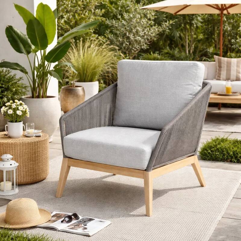 Dexi 30 Inch Patio Sofa Chair, Fade Resistant Fabric Cushions, Gray Rope