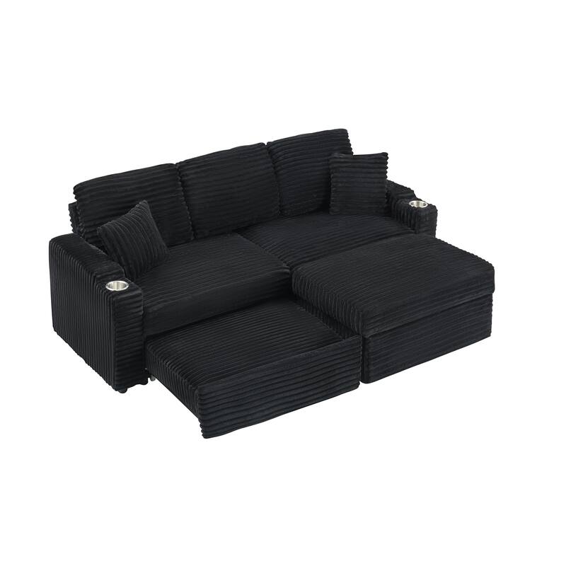 80-inch Foldable Hidden Black Corduroy Sofa with Cup Holders, Footrest and Storage Function