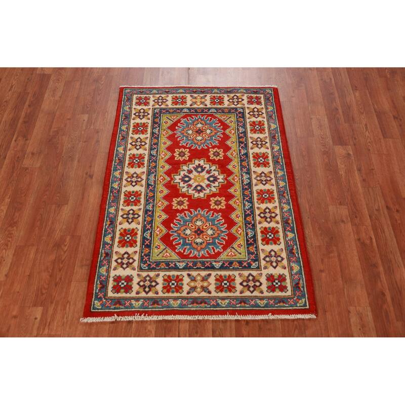 Red Kazak Foyer Rug Hand-Knotted Geometric Accent Wool Carpet - 2'9"x 4'0"