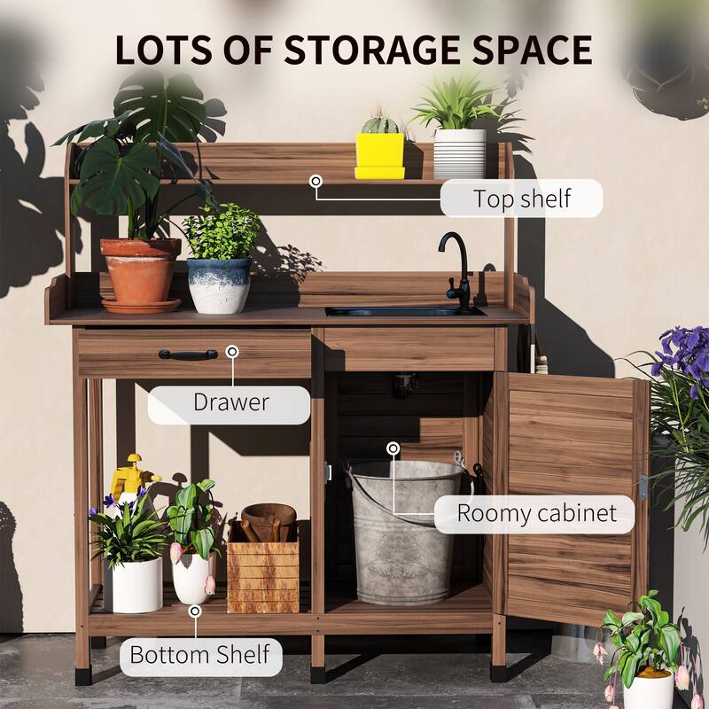 Outsunny Potting Bench Table with Faucet, Sink, Hooks and Storage Cabinet, Outdoor Prep Table Gardening Bench