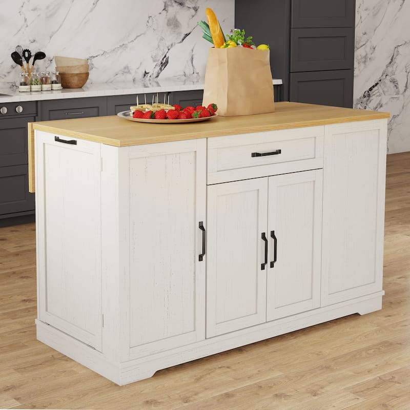 Moasis 50" Kitchen Island with Power Outlet & Drop Leaf,Rolling Island Cart with Trash Can Cabinet