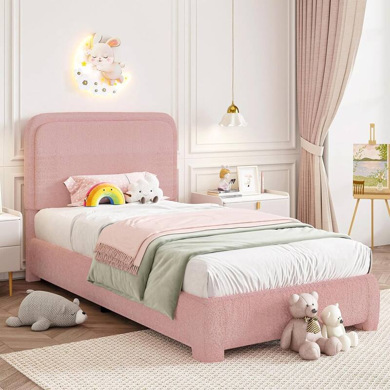 Pink Twin Size Upholstered Platform Bed Frame with Soft Boucle Fabric Headboard, Modern Minimalist Design, No Box Spring Needed