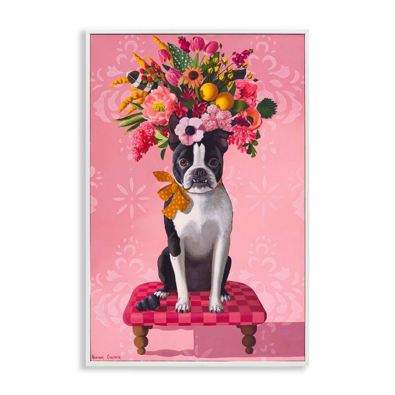 Stupell Bulldog & Pink Bouquet Framed Giclee Art Design By Heather Gauthier - 20 x 30 - White