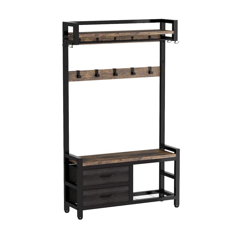 Anmytek 33.1 Inch Wide Hall Tree Entryway Bench with Shoe Storage Shelves Garment Racks 23 Hooks and 2 Movable Drawers