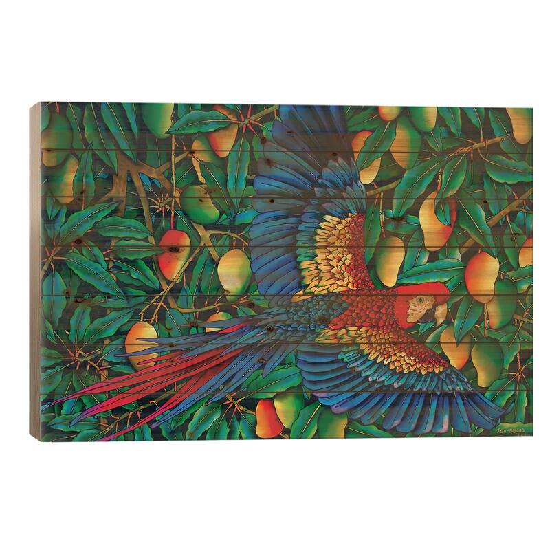 Macaw In Mango Tree Print On Wood by Daniel Jean-Baptiste - Multi-Color - 18x26x1.5