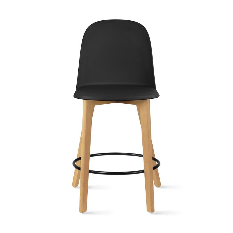 25" Plastic Armless Bar Stool Chair Dowel Natural Wood Eiffel Legs For Kitchen Counter Height Dining - Black