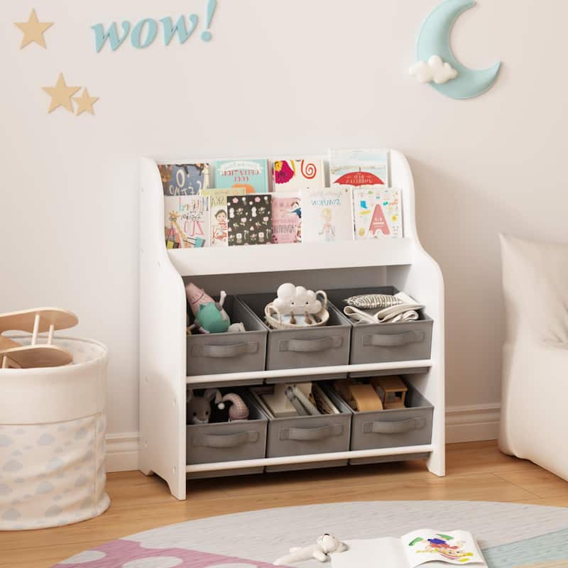 Kids Bookshelf with 6 Fabric Storage Bins, Multi-Functional Children's Bookcase and Toy Organizer - White
