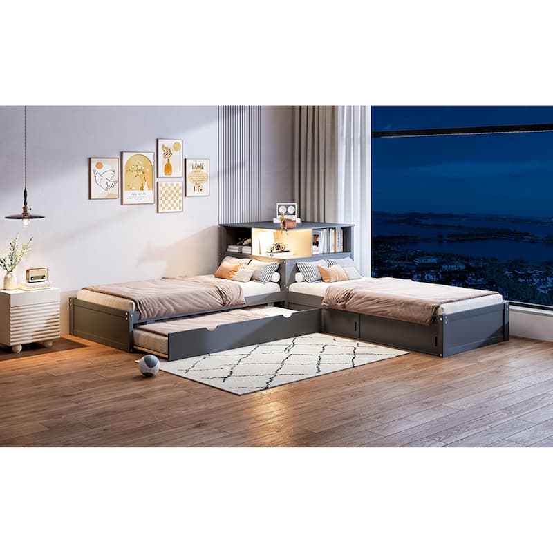 Roomfitters Twin L-Shaped Platform Bed with Trundle, Storage Cabinets and LED Desk