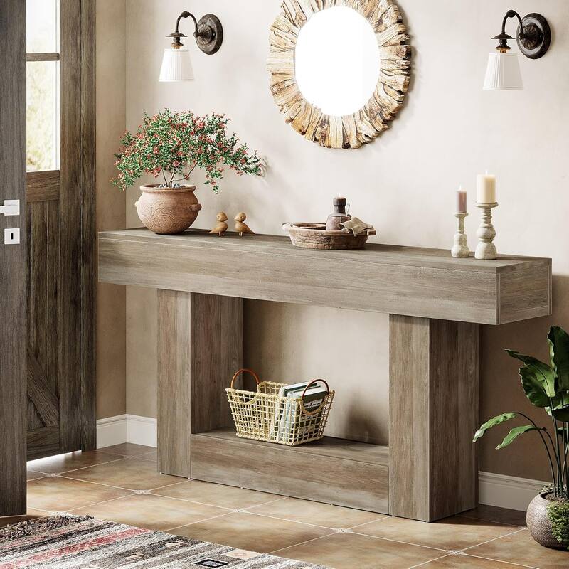 63 Inches Brown/ Gray Wood Hallway Table, Farmhouse Console Table for Entryway
