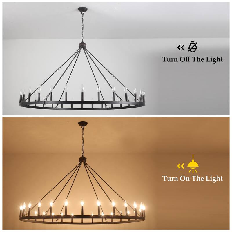Vyolette 60 in. 30-Light Extra Large Farmhouse Round Wagon Wheel Chandelier, Classic Dining Room Living Room Chandelier