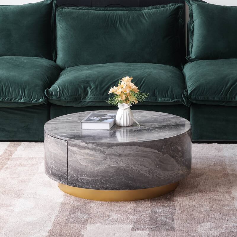 33.47'' Modern Round Coffee Table with 2 large Drawers Storage Accent Table - Brown