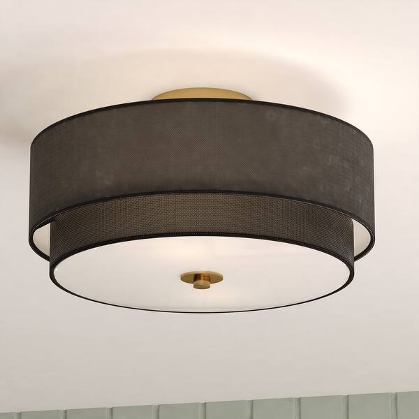 slide 2 of 10, Burnaby Gold Brass Mid-Century Modern Semi Flush Mount Ceiling Light Black Linen Drum Shade 20.5-in W x 10.75-in H x 20.5-in D - Matte Brass