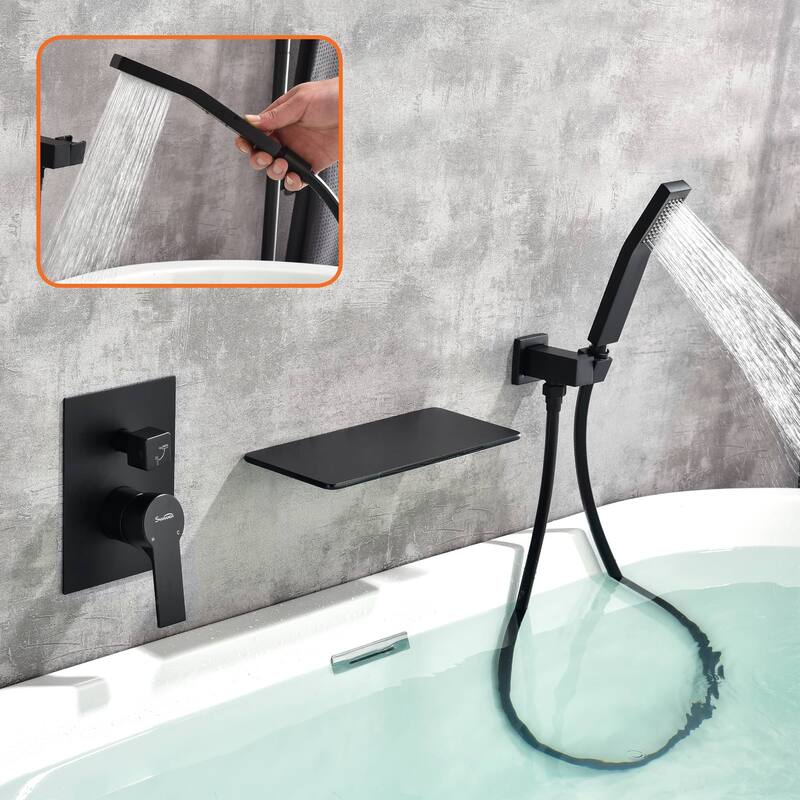 Wall Mount Tub Faucet With Handheld Shower, Waterfall Bathtub Faucet Modern Tub Filler Faucet With Pressure Balance Valve