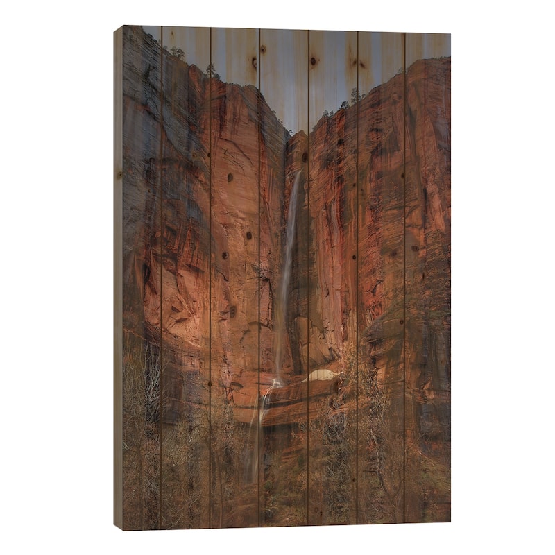 Waterfall Beauty At Zion Print On Wood by Bill Sherrell - Multi-Color - 26x18x1.5