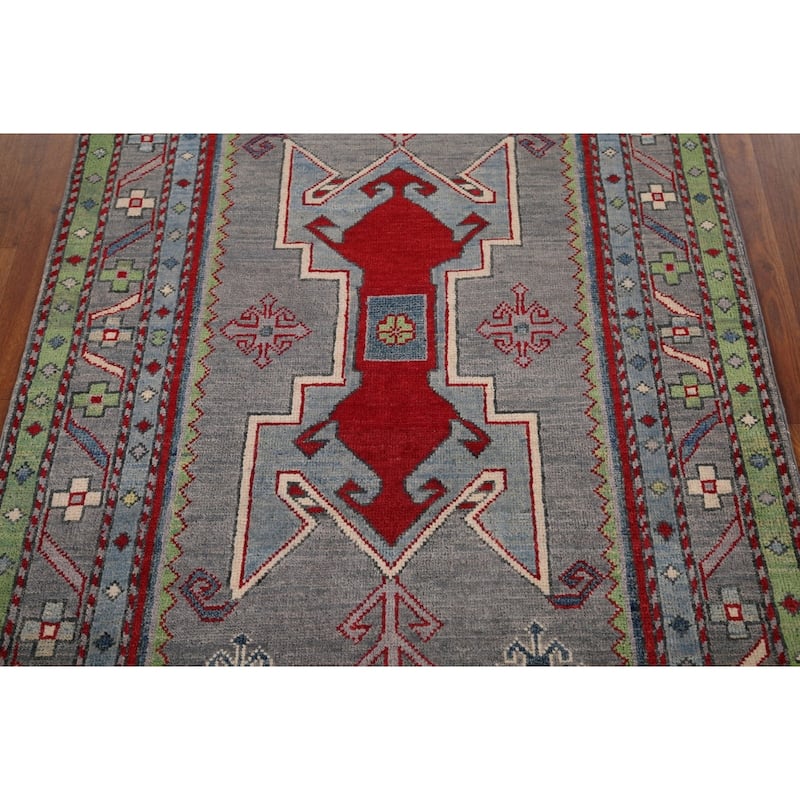 Kazak Accent Rug Hand-Knotted Grey Geometric Wool Carpet - 3'4" x 5'0"