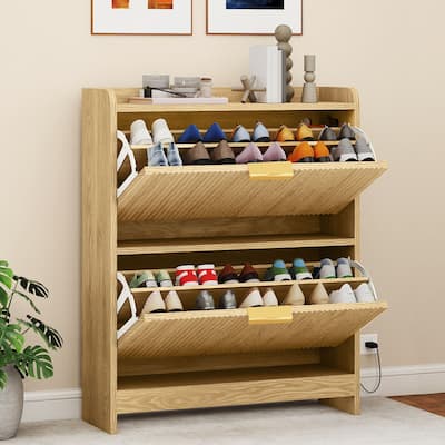 Moasis Fluted Shoe Cabinet with Air Purifier and Flip Drawers for Entryway Storage Natural