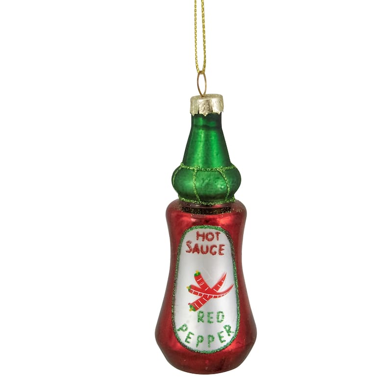 Glittered Bottle of Hot Sauce Glass Christmas Ornament - 4" - Red and Green