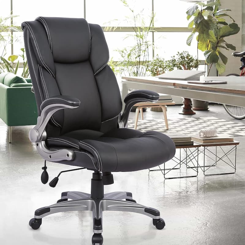 High Back Executive Office Chair with Padded Flip-up Arms, Adjustable Tilt Lock, Swivel Rolling Chair for Adult Working Study - Black