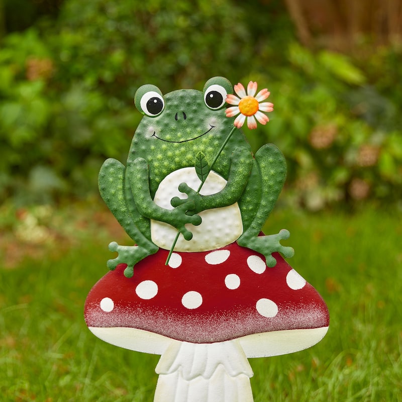 Glitzhome Metal/Wood Frog Stacked Mushroom Welcome Sign Yard Stakes Garden Wall Decor