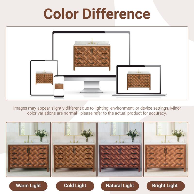 48" Freestanding Bathroom Vanity with Engineered Stone Top, Ceramic Sink, Built-In Power Outlet, and Hair Dryer Storage