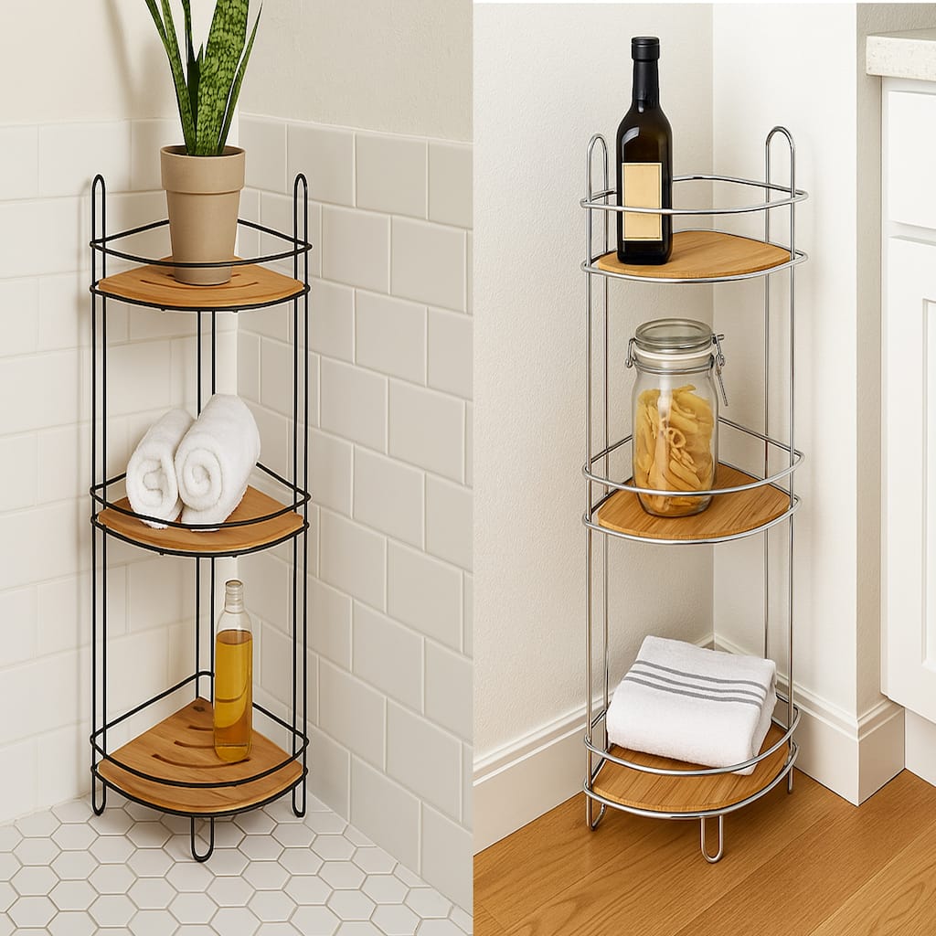 Corner Bathroom Organizer Storage Tower 3 or 2 Shelves Bamboo Black Metal