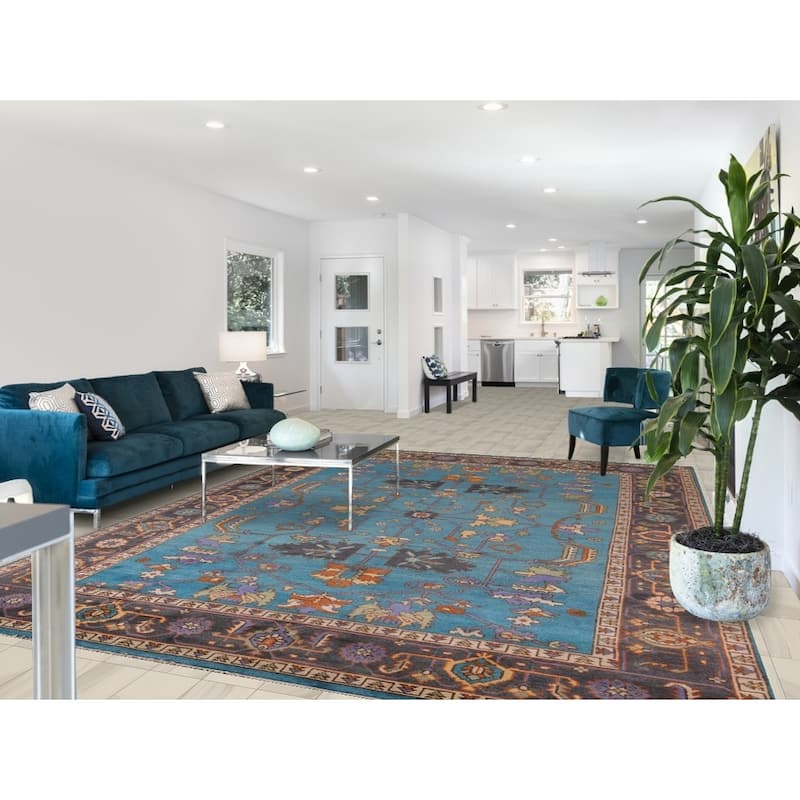 Blue Oushak Oriental Area Rug Handmade Wool Carpet - 8'11" X 11'8"
