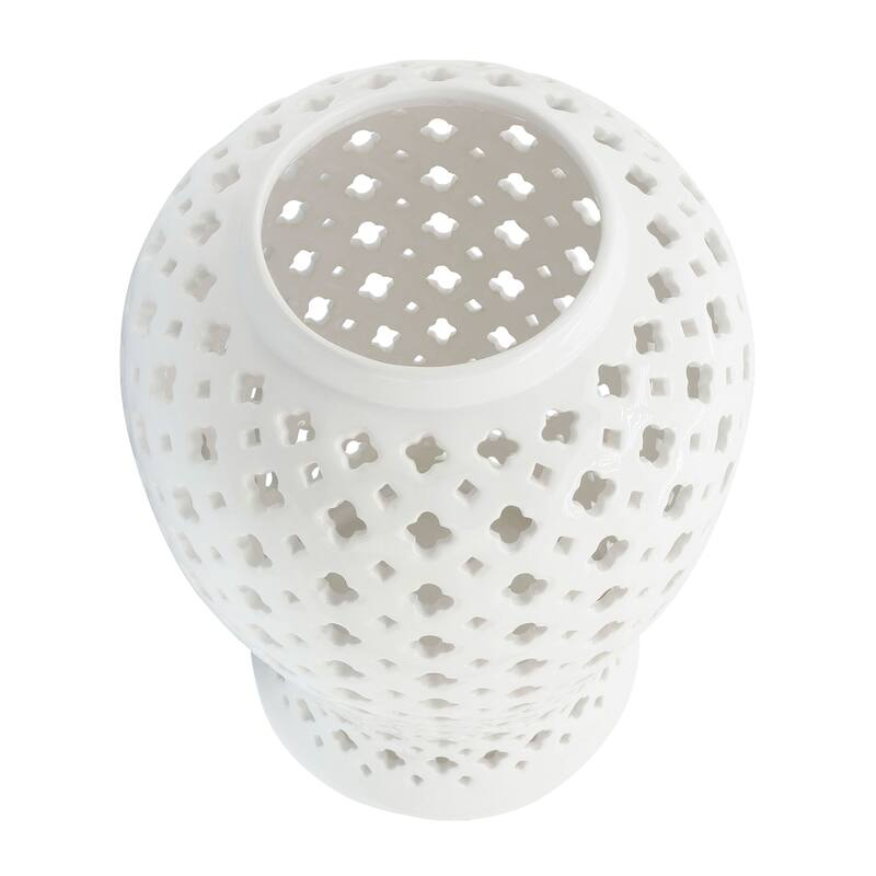 Sagebrook Home Neutral Modern Ceramic Cut Out Temple Jar with Lid