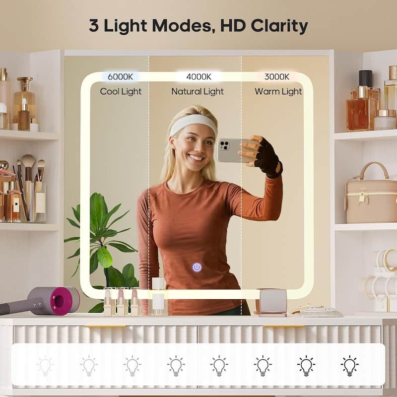 Corner Vanity Desk with Lighted Mirror Drawers Shelves Storage Stool