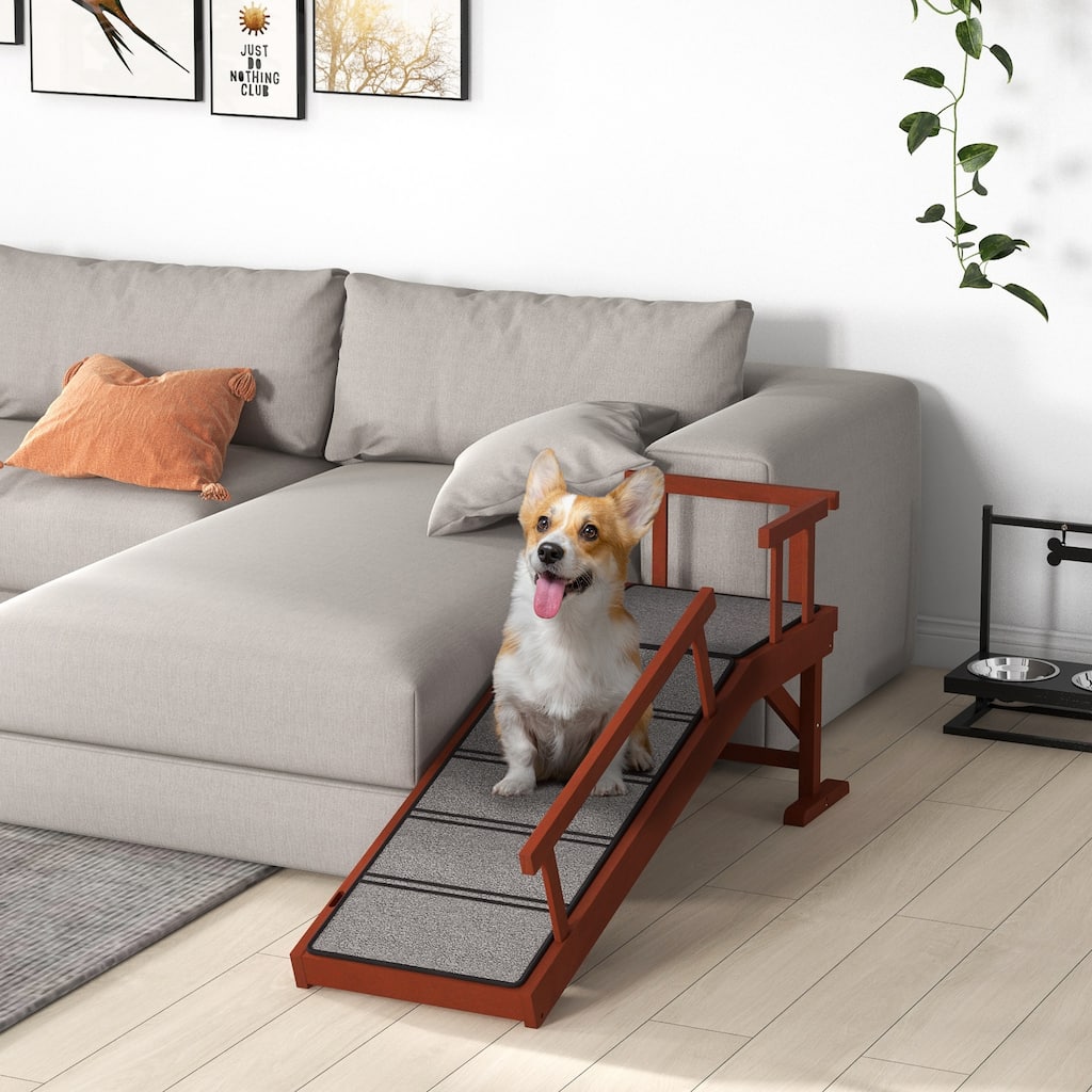 PawHut Dog Ramp, Pet Ramp for Bed or Couch with Removable Guardrails, Non-Slip Surface, 49" Long, Brown - medium