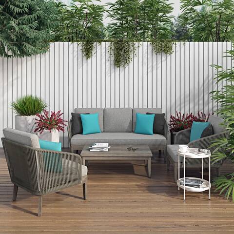 WyndenHall Lotus Contemporary 4 Piece Outdoor Conversation Set in Sand Drift Polyester Fabric
