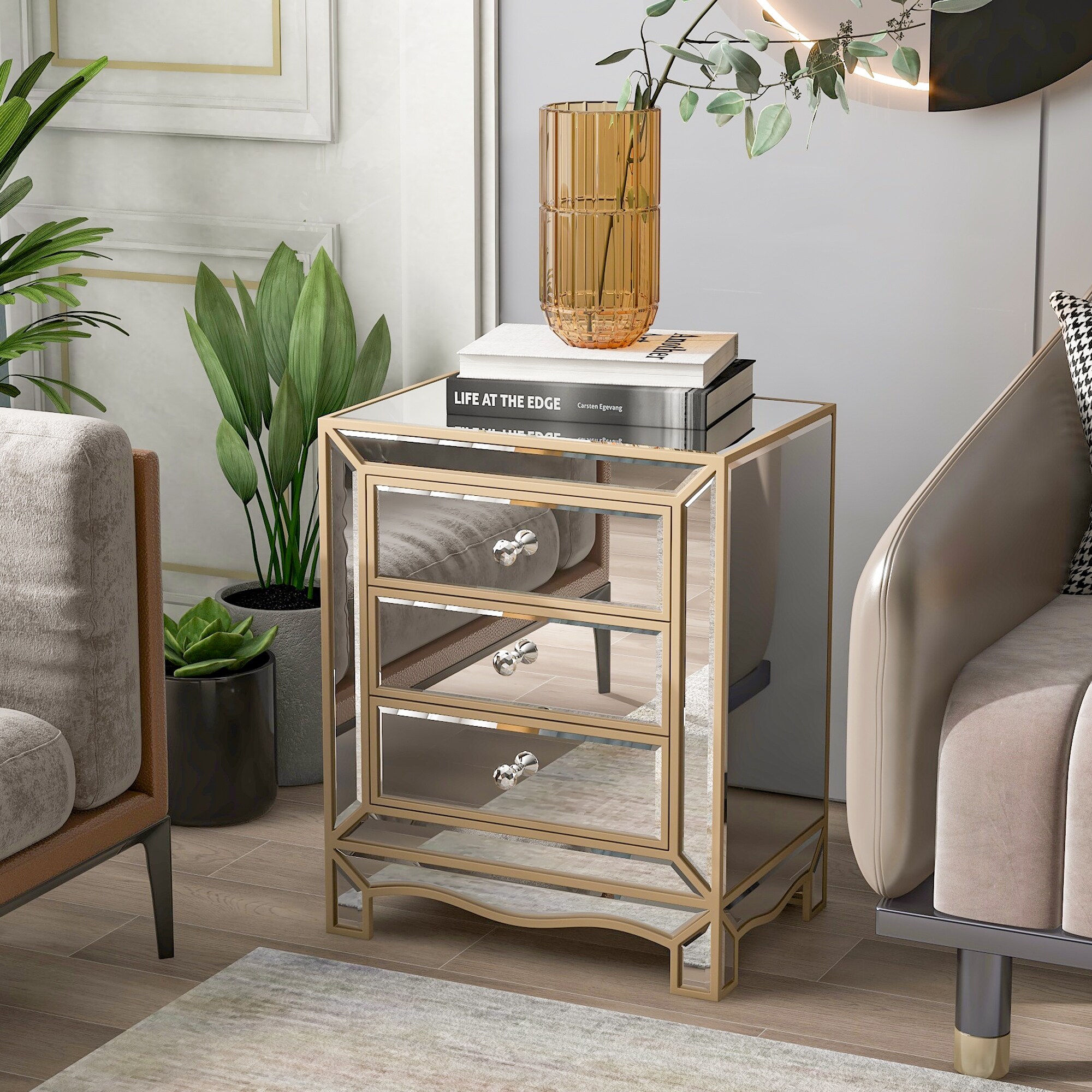 Gold mirrored outlet bedside table
