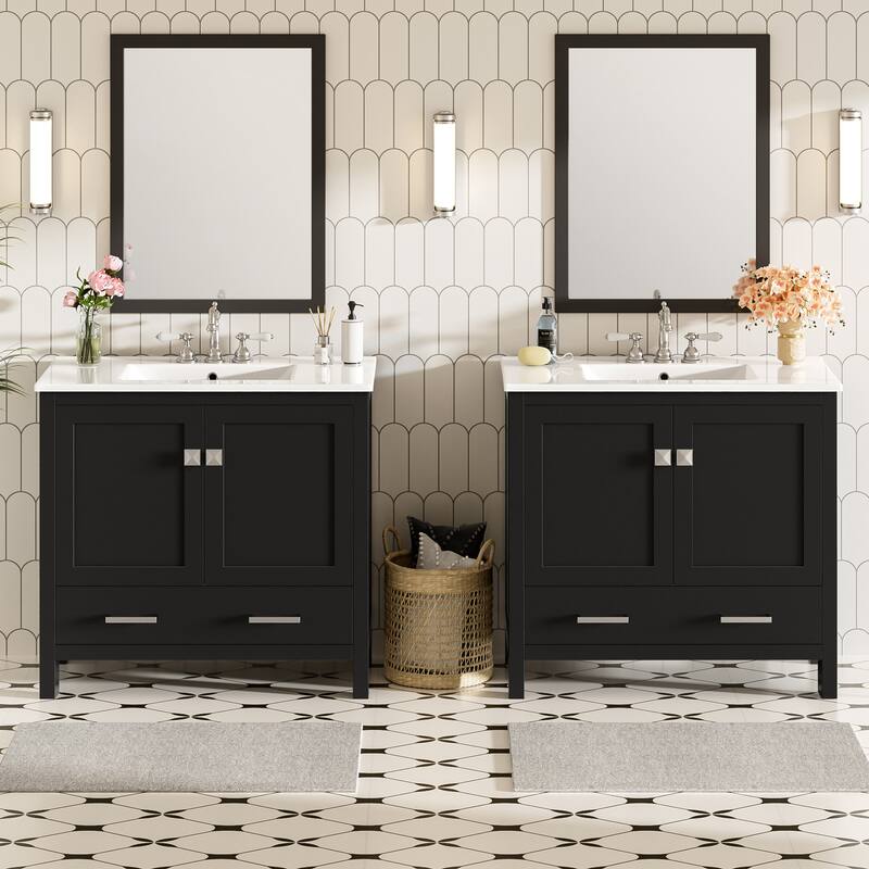 72" Double Sink Bathroom Vanity - Modern Wide Cabinet with Ceramic Basins, Soft-Close Doors & Divided Storage
