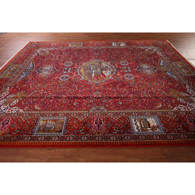 Pictorial Medallion Red Kashan Turkish Area Rug Machine Made Carpet - 9'8" x 12'5"