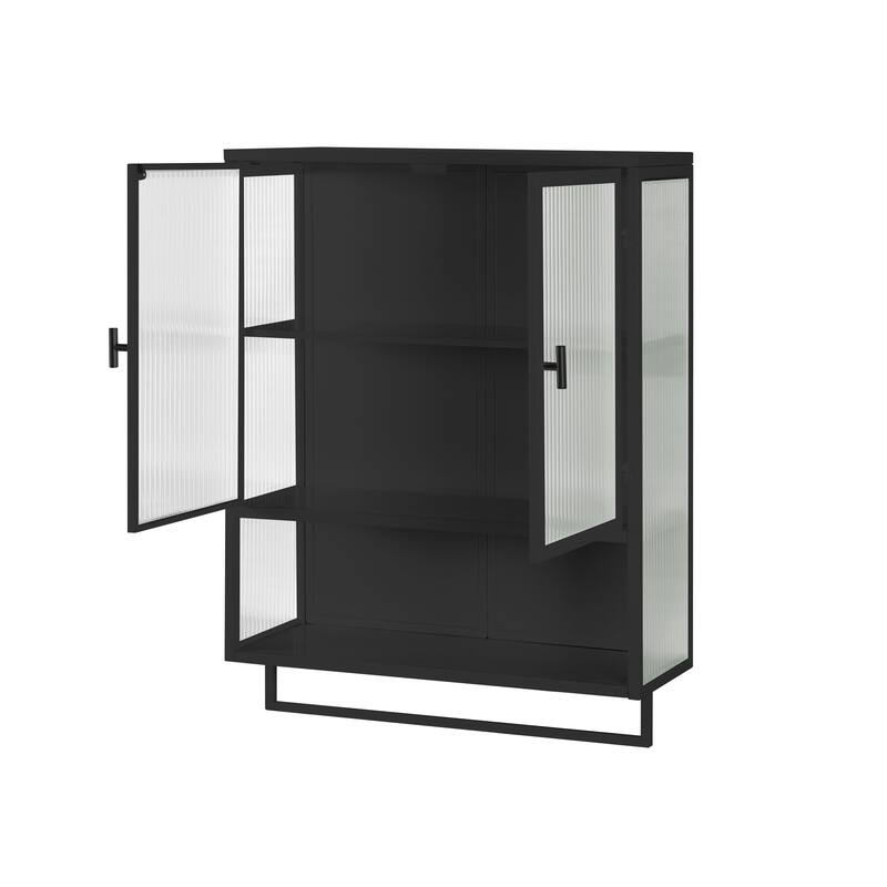 23.62" Glass Doors Modern 2-door Wall Cabinet with 2-tier Enclosed Storage, 1 Open Shelf, and Towel Rack
