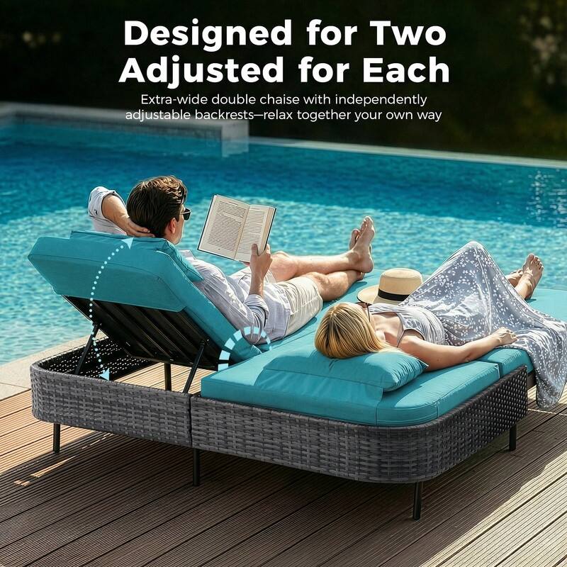 Outdoor Sectional Conversation Set PE Wicker with Double Chaise Lounge, 60,000 BTU Fire Pit Table